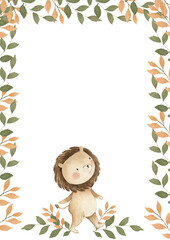 Border Watercolor illustration of leaves and safari animal 