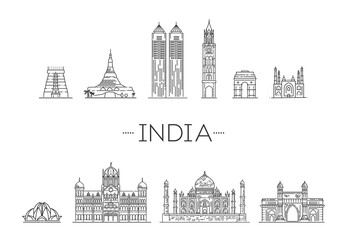 Tourist attractions of India. Vector symbols