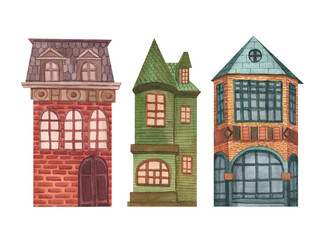 Fototapeta premium House home cottage cosy building estate painted by watercolor isolated on a white background cartoon set illustration. Hand-drawn cute of architecture suburban old european town