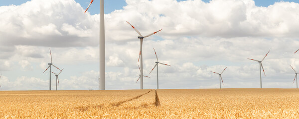 Scenic landscape view of wheat field harvest and big modern wind turbine mill farm against beautiful clouds blue sky. Food production and clean green renewable sustainable energy generation concept