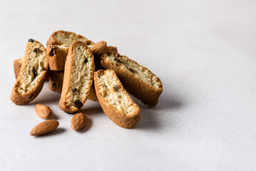 Traditional Italian Dry Cookies Biscuits Biscotti Cantuccini Gray background Copy Space