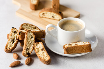 Small Cup Coffee Espresso and Tasty Biscotti Gray Background Horizontal