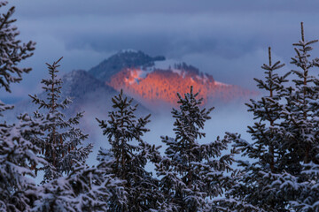 Colorful winter sunset in the Alps, above the inversion and clouds