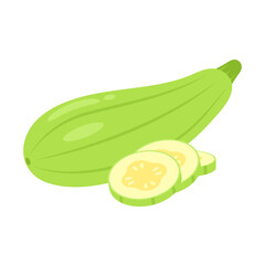 Whole zucchini and slices isolated on white background. Cucurbita pepo, courgette, summer squash or baby marrow icon. Vector vegetables illustration in flat style.
