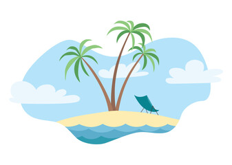 Fototapeta na wymiar Dreaming about vacation of an ocean island. Sunny day on tropical island with palm tree. Vector illustration in flat cartoon style
