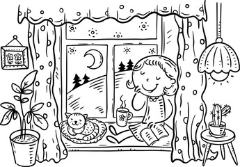 Line drawing of a happy girl drinks tea in the evening sitting with her cat on the windowsill