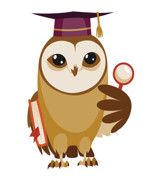 Owl wearing graduation cap. Cute wise owl with hat. Symbol of wisdom or graduation from higher or secondary educational institution