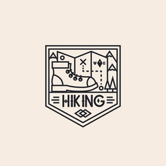 Hiking logo consisting of boot, maps and landscape line style isolated on background for explore emblem, camping logotype, hiking sticker, tourist symbol, travel badge, expedition label, poster