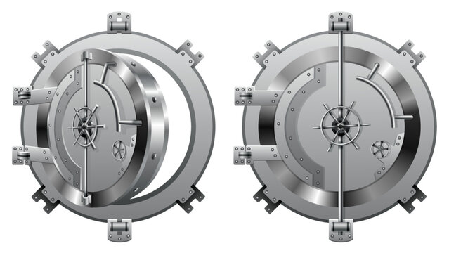 Bank vault door set. Metal steel round gate open and close, isolated mechanism with welds and rivets. Huge metal round safe doosr. Gates mechanism