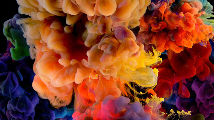 Abstract color mix , color drops in water , drop of Ink color mix paint falling on water Colorful ink in water,