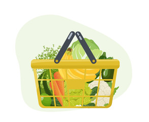 Grocery shopping basket with fresh vegetables and fruits, bananas, cabbage, watermelon from local farm market. Healthy vegan food set. Vector illustration isolated on white background