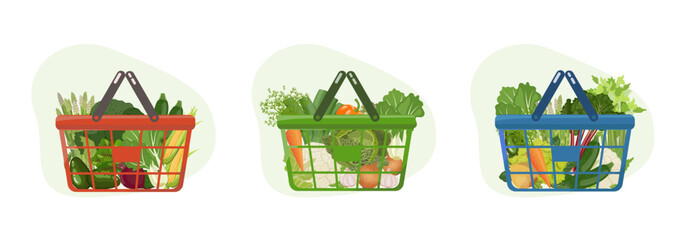 Grocery shopping baskets with fresh green vegetables and root crops from local farm market. Healthy vegan food set. Vector illustration isolated on white background