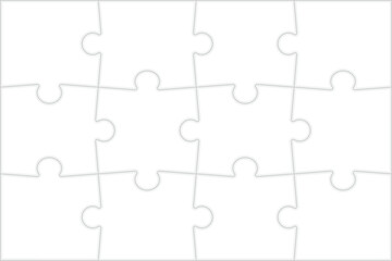 Fototapeta premium Puzzles grid blank template background. Jigsaw puzzle seamless pattern. Black contours on white. Elements connected together. Flat vector illustration. Thinking game