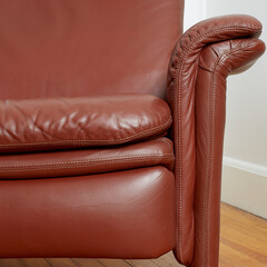 Vintage minimal top grain oxblood leather recliner. Postmodern 1980s stylish chair. Front detail...