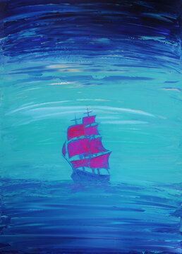 Art painting of a sailboat with red sails
