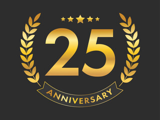 Golden 25th Anniversary Emblem With Laurel Wreath On Black Background.