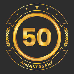 Golden 50th Anniversary Emblem Logo With Laurel Wreath On Black Background.