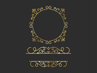 Golden Motif Or Flourish Emblem With Copy Space On Black Background.