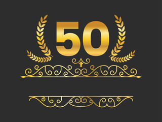 Golden 50 Number With Laurel Wreath And Motif On Black Background.