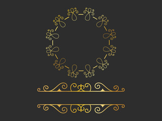 Golden Motif Or Flourish Emblem And Copy Space On Black Background.