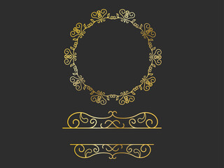 Golden Motif Or Flourish Emblem Logo And Copy Space On Black Background.
