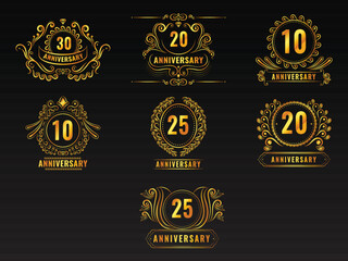 Set Of Golden Year Anniversary Emblem Logo On Black Background.