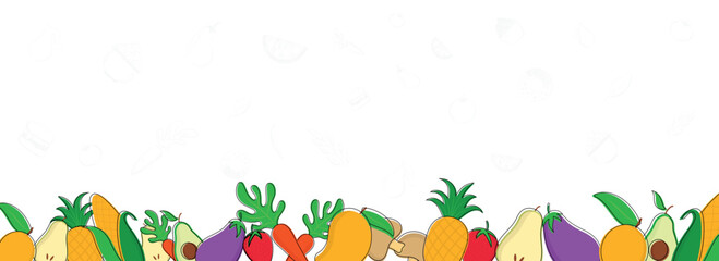 Fototapeta premium Colorful fruits and vegetables banner, doodle style.