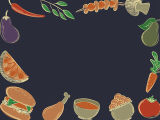 Colorful fruits and vegetables, doodle style concept with text space for world food day.
