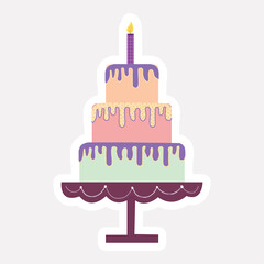 Colorful Three Layer Cake With Burning Candle In Sticker Style.