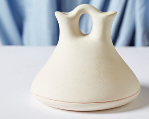 Traditional Navajo Handmade Ceramic Wedding Vase with Turquoise on a white table white a light blue background of drapes