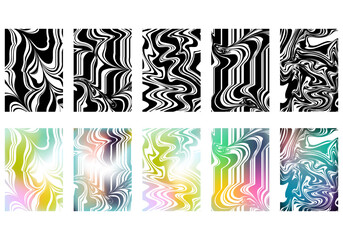 Abstract cover melted gradient stripes set. Futuristic Y2K geometric design. Collection of templates for brochures, posters, covers, notebooks, magazines, banners, flyers and cards.