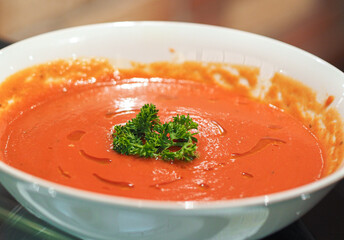 Plate with tomato soup