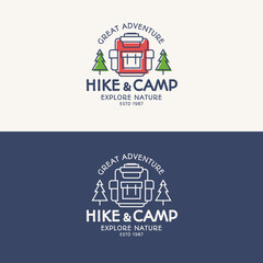 Hike and camp logo set color and line style consisting of backpack, trees for tourist symbol, explore emblem, travel badge, expedition label, hiking sticker, climbing, poster, banner