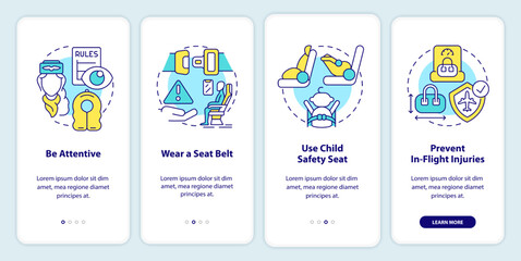 Passenger safety tips onboarding mobile app screen. Wear seatbelt walkthrough 4 steps editable graphic instructions with linear concepts. UI, UX, GUI template. Myriad Pro-Bold, Regular fonts used