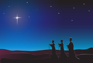 The Three Kings follow the star in the East to Bethlehem. Nativity scene. EPS10 vector format. Space for text.