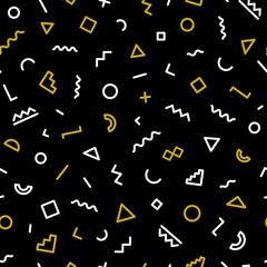 Geometric pattern with gold and white shapes. For use on stickers, banners, cards, advertisement. Geometric pattern hipster memphis style. Vector Illustration