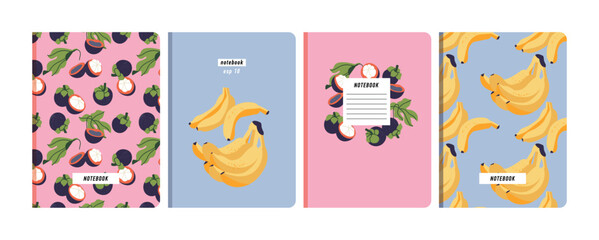 Obraz na płótnie Canvas Vector illustartion templates cover pages for notebooks, planners, brochures, books, catalogs. Fruits wallpapers with with mangosteen and banana.