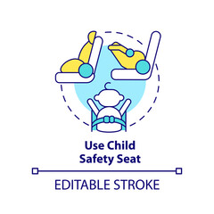 Use child safety seat concept icon. Flight safety procedure abstract idea thin line illustration. Travel with stroller. Isolated outline drawing. Editable stroke. Arial, Myriad Pro-Bold fonts used