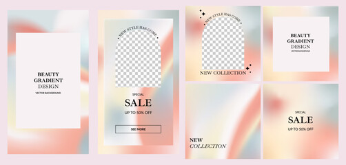 Holographic vector backgrounds for social media stories, banners, print template. Versatile holographs for a full range of applications. Presentation of new goods, discounts on old collections.