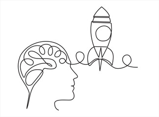 continuous stylized modern drawing of a human head and brain thinking about a Startup business. Time for new opportunities to earn. flat vector linear illustration on a white background. 