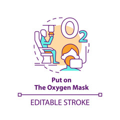 Put on oxygen mask concept icon. Surviving aviation accident abstract idea thin line illustration. Drop in cabin pressure. Isolated outline drawing. Editable stroke. Arial, Myriad Pro-Bold fonts used