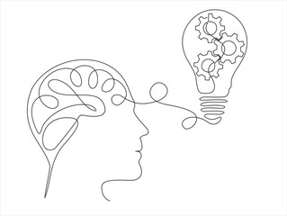 Continuous one line drawing of man  head  with lightbulb with gears inside as line drawing on white background. Vector