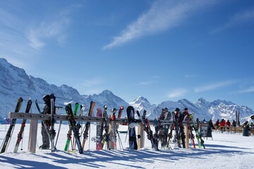 skiers on the top of the mountain