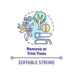 Remove and trim trees concept icon. Safety precaution for hurricanes abstract idea thin line illustration. Prune branches. Isolated outline drawing. Editable stroke. Arial, Myriad Pro-Bold fonts used