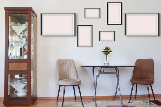 Silver Black Picture Frames On The Room Wall For Mockup. All Picture Frames Are 3:2 Aspect Ratio.