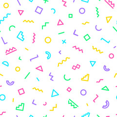Memphis seamless pattern consisting of geometric shapes on white background. Vector Illusration