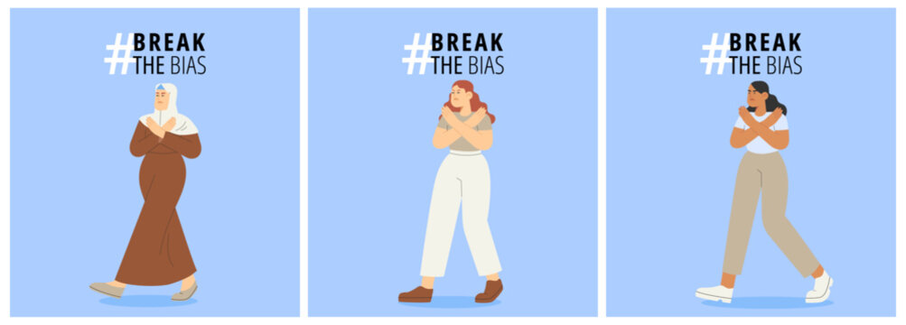 Break the bias set. Flat vector illustration with young women stand up for women's rights. Concept of girl power. International women's day.