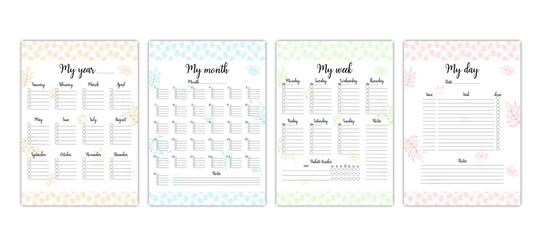 Planner templates. Vector set of colorful printable task organizers for year, month, week and day. Blank personal planner book pages. Tropical leaf design