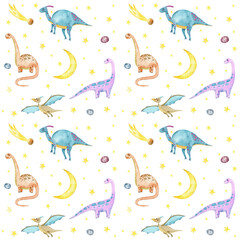 watercolor seamless pattern dinosaurs, ancient animals