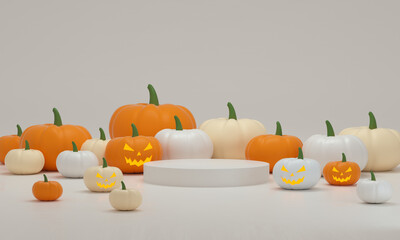 Obraz na płótnie Canvas Halloween podium with many pumpkins on a studio background. Empty podium platform.